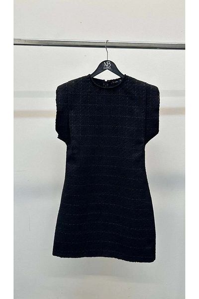 Maldia Shop Γυναικείο φόρεμα ειδικής σειράς Tweed κοντό μανίκι με επένδυση μαύρο