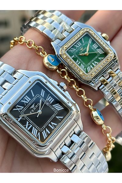 FERRO Brand Steel Cord Silver Yellow Color,Square Case, Lover Couple Wristwatches + Bracelet