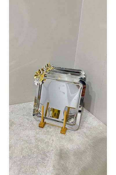 USD HOME Ατσάλινος τετράγωνος δίσκος με 6 αξεσουάρ πεταλούδας - Πολυτελής παρουσίαση σε χρώμα καφέ