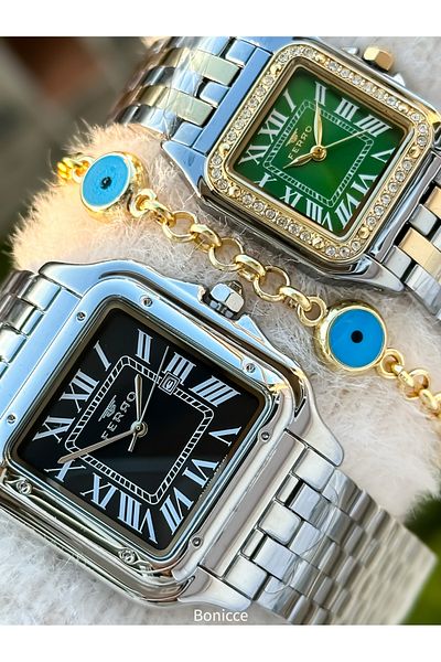 FERRO Brand Steel Cord Silver Yellow Color,Square Case, Lover Couple Wristwatches + Bracelet