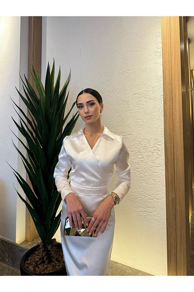 BEYZATURAN Shirt Collar Pencil Skirt White Satin Noble Dress