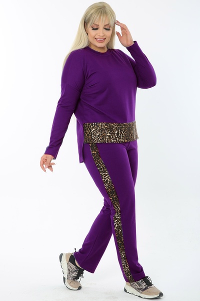 1fazlası Kadın Büyük Beden Pamuklu Mor Pantolon Yanı Ve Beli Leopar Garnili E...