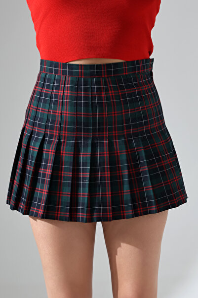 ZEYCEN Kadın Yeşil Ekoseli Pileli Mini Etek