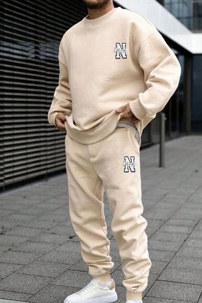 NO 601 Men's Beige Oversize New York Printed Sweat Tracksuit Set