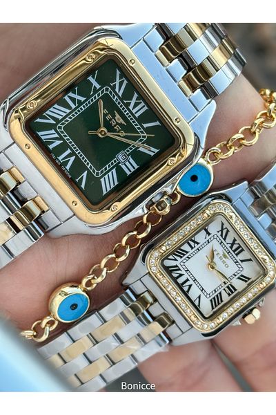 FERRO Brand Steel Cord Silver Yellow Color,Square Case, Lover Couple Wristwatches + Bracelet