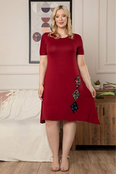 1fazlası Kadın Büyük Beden Bordo Patchwork Desenli Midi Elbise