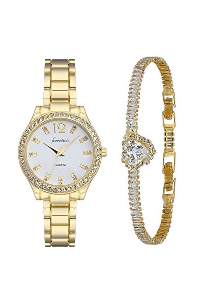 Forentina Gold Metal Kol Saati-Kalpli Baget Bileklik Kombin Set PS3908