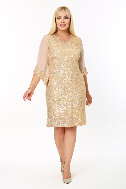 1fazlası Kadın Büyük Beden Dore Kolları Şifon Pul Payetli Midi Boy Astarlı Ab...