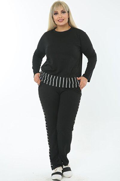 1fazlası Γυναικείο βαμβακερό μαύρο παντελόνι σε μεγάλο μέγεθος με ριγέ φόρμα ...