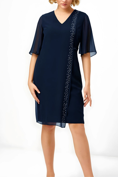 1fazlası Women's Large Size Navy Blue V-Neck Chiffon Dress with Stone and Buc...