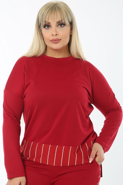 1fazlası Дамски анцуг с памучни бордови панталони с голям размер и райе на талията