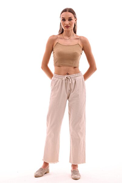 katalya Pantaloni bej din Gabardină cu ciucuri