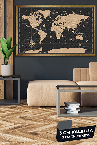Evinemoda Vintage Dünya Haritası Tek Parça Gold Renk Çerçeveli Kanvas - Canvas Tablo