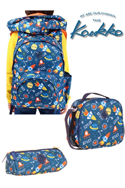 KAUKKO Evolution Space Desenli 3’lü Okul Çanta Seti (Yağmurluk Şapkalı)