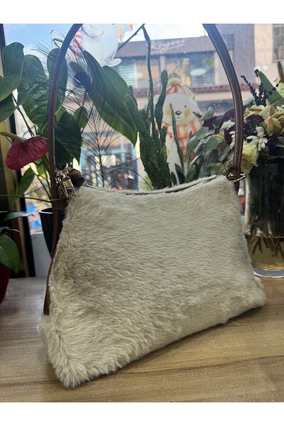 BEE BAGS Кафява плюшена пухкава чанта от багет, ежедневна чанта за ръка и през рамо