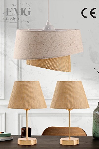 polle Kumaş Manolya Modern Tekli Avize ve 2 Li Abajur Seti