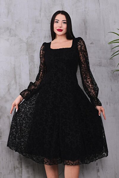 ZEYWEAR Kare Yaka Flok Baskı Tül Elbise