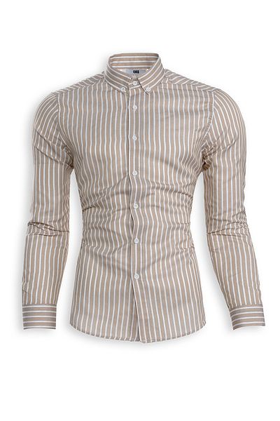 King Brothers Μπεζ Χρώμα Λευκό ριγέ Slim Fit Απλό βαμβακερό λεπτό γιακά μακρυμάνικο ανδρικό κλασικό πουκάμισο