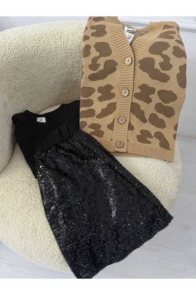 EAC collection Leopard Print 3 Piece Set for Girl - Cardigan, Long Sleeve T-Shirt and Sequined Skirt