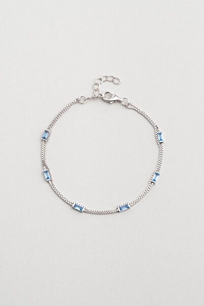 So CHIC... Mavi Taşlı 18 Ayar Beyaz Altın Kaplama 19 Cm Gümüş Baget Bileklik