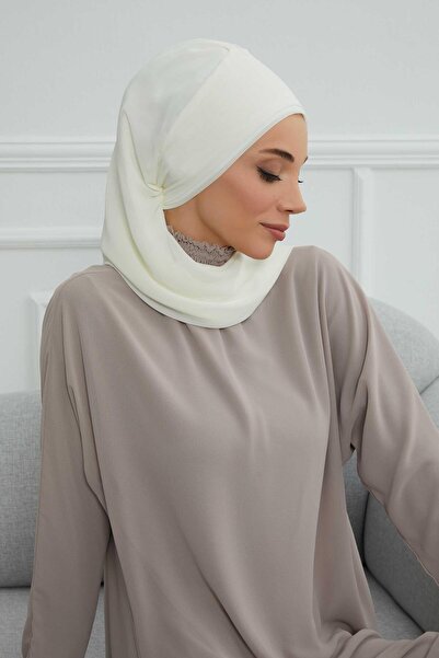 Aisha's Design Chiffon Ready-To-Wear Turban with Side Ruffles and Floral Accessories, Ht-102, Ht-102, Cream-Gold