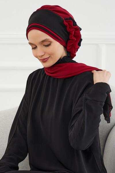 Aisha's Design Σχεδιασμός διπλού χρώματος έτοιμο τουρμπάν από σιφόν, HT-86, μπορντό - μαύρο