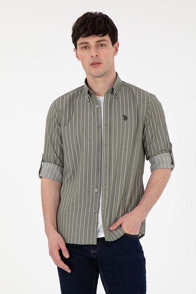 U.S. Polo Assn. Ανδρικό μακρυμάνικο πουκάμισο χακί 50296617 -VR027