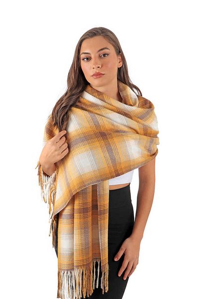 Bursa İpek Gold Brown Patterned Winter Shawl
