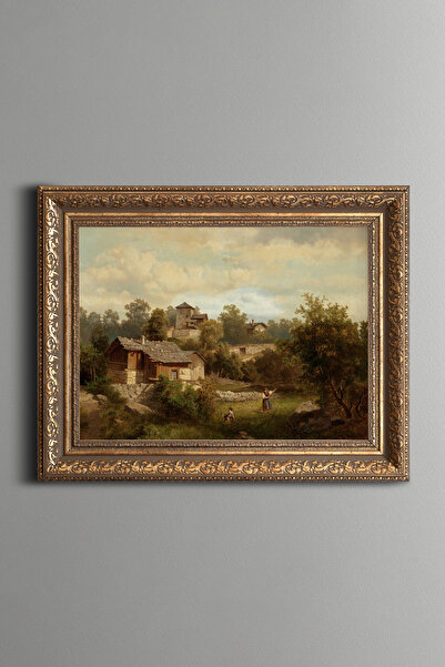epiqart Köylülerle Alp Manzarası - Vintage Desenli Çerçeve