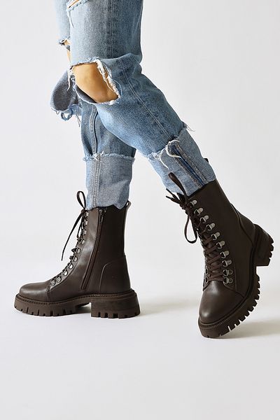 Limoya Suzette Brown, Bitter Brown Color Lace Up Thick Sole Γυναικείες Μπότες, Γυναικείο Μποτάκι
