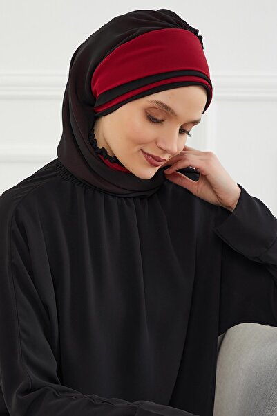 Aisha's Design Σχεδιασμός διπλού χρώματος έτοιμο τουρμπάν από σιφόν, HT-86, Μαύρο - Βουργουνδία
