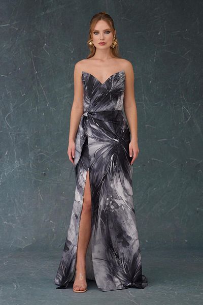 Carmen Black Strapless Satin Printed Evening Dress