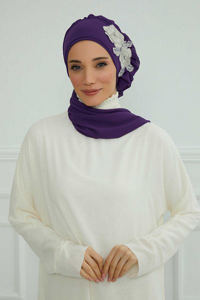Aisha's Design عمامة شيفون جاهزة - كشكشة جانبية وإكسسوارات زهور، HT-102، HT-102