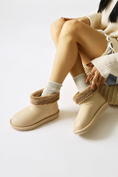 Limoya Rahela Beige Oval Toe Αδιάβροχες Γυναικείες Μπότες με Γούνα Εσωτερικά, Γυναικεία Μποτάκια