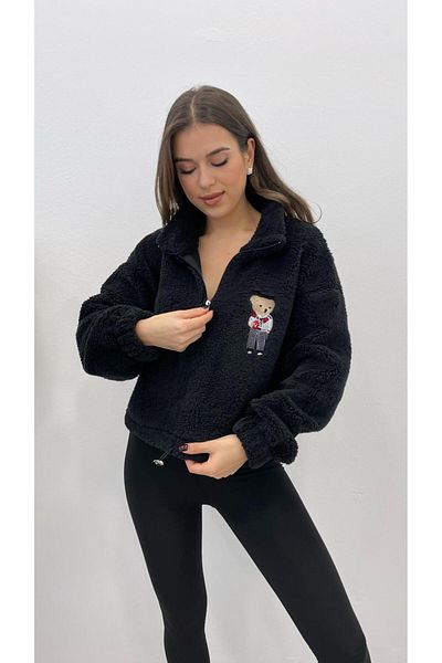 MODA Women's Black Teddy Bear Embroidered Short Bottom Elastic Zippered Plush Sweatshirt