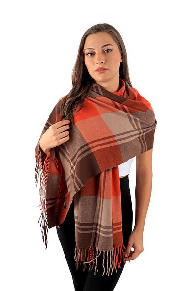 Bursa İpek Orange Brown Patterned Winter Shawl