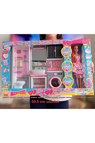 tmtoysandmore Evcilik Oyun Seti Banyo Lavabo Çamaşır Mak. 30 Cm Et Bebekli