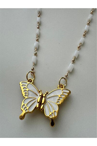 Pelin Aksesuar Beyaz Kristalli Önden Kapamalı Kelebek Kolye