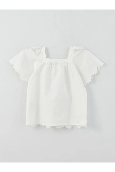 Kübra Tekstil Girl's White Boat Neck Embroidered Short Sleeve Blouse 2312