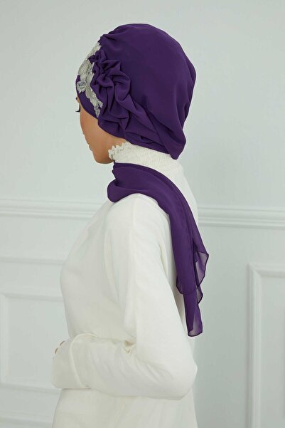 Aisha's Design Chiffon Ready-Made Turban with Side Ruffles and Floral Accessories,Ht-102,Ht-102,Purple-Silver