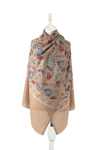Bursa İpek Milk Coffee Fully Embroidered Suzani Wool Shawl