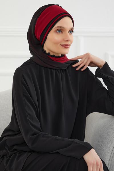 Aisha's Design عمامة جاهزة من الشيفون بتصميم مزدوج اللون، HT-86، أسود - أحمر داكن