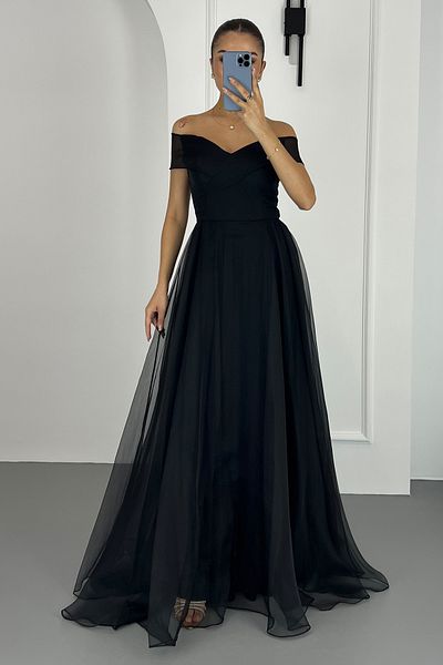 Lafaba Schwarzes Damen-Abendkleid mit U-Boot-Ausschnitt und langem Versprechen für Verlobung und Hochzeit