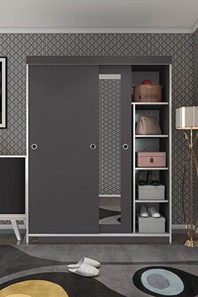 Kenzlife Gardırop Sürgülü Kapaklı Kapılı 140 Papatya Gri Aynalı Gardolap Dolap