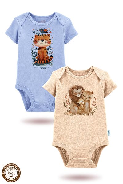 MAHFEL 2-Piece 100% Cotton Organic Printed Snap Fastener Baby Bodysuit