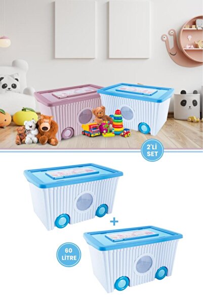 Flora Mavi Kapaklı Tekerlekli Saklama Kutusu 2'li Set - Ev Düzenleyici Oyunca...