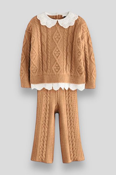 Magu Wrap Knitwear Sweatshirt and Pants Set for Girl - Stripe Detailed