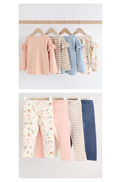 Next Baby Cotton Cream Ballerina Print Long Sleeve Ruffled 4-Piece Tights Bottom Top Set