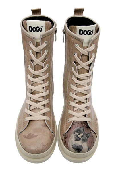 Dogo Kadın Vegan Deri Bej Fermuarlı Uzun Bot - Heart Cat Tasarım
