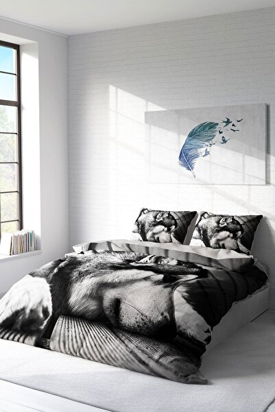 MonoHome Set de lenjerie de pat din satin de bumbac dublu 3D Digital Wolfie